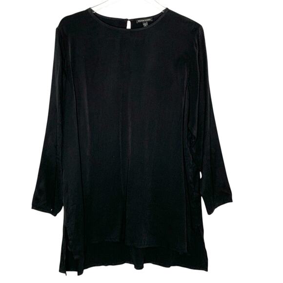 Eileen Fisher L Black Textured Cupro Round Neck Top Easy Fit Long Length - Picture 1 of 9
